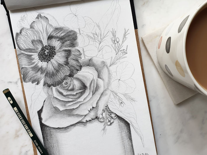 Graphite drawing of a bouquet of flowers for blog post challenge learning to teach