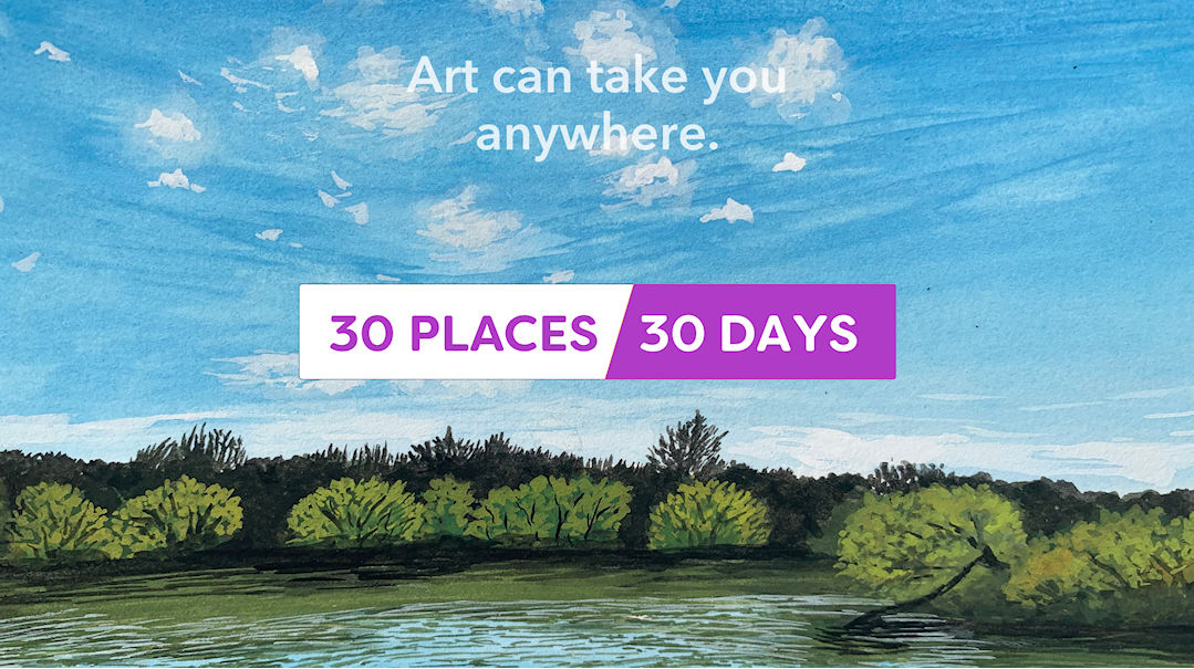 30Places/30Days Logo for Sktchy Art School Landscape class for blog post challenge learning to teach