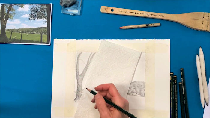 Drawing in progress of a tree and hillside for a graphite drawing tutorial for Sktchy for blog post challenge learning to teach