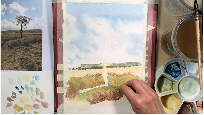 Lifting out highlight marks with a store card in my watercolour landscape tutorial for blog post challenge learning to teach