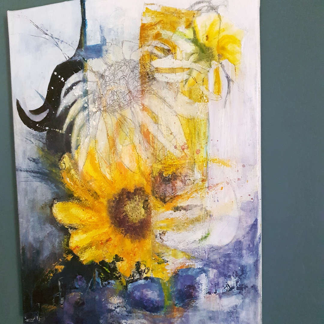 Sunflowers For Stacey photographed from the right hand side to show detail on that side of the painting