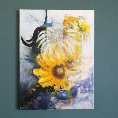 Sunflowers For Stacey is an original abstract art painting on canvas. The image shows the painting which has painted sunflowers, a drawn sunflower and an anenome with dark to one side and light to the other.