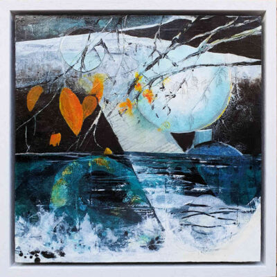 Rising is an abstract painting which comes ready framed. It shows a moon hovering above water. There are orange autumn leaves which glow against the night sky.