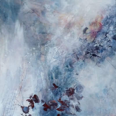 Images shows a dreamy abstract painting of faded florals. There are areas of white mists that circle the faded hydrangea esq flowers