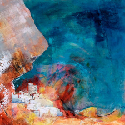 Land of the Gods IV close up shows abstract orange shape around the left hand side and bottom of the painting which has white cubes nestled within. The rest of the painting is turquoise blues